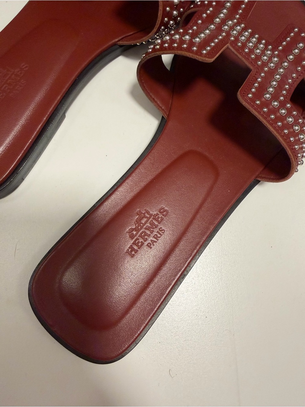 Hermes Burgundy Studded H-strap Leather Slide Sandals - Picture 2 of 4